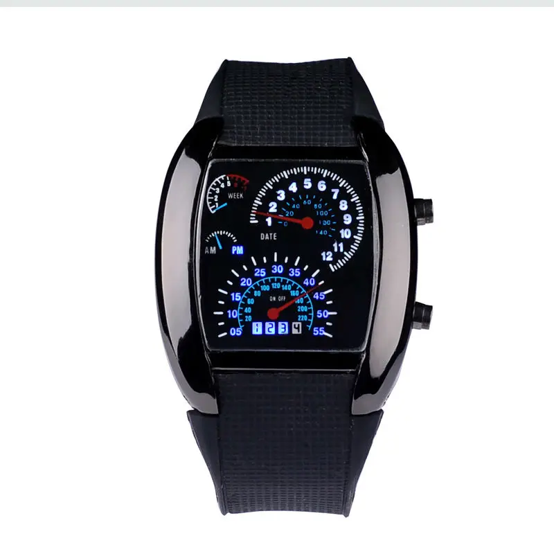 MJARTORIA Fashion Racing Car Dashboard Design Square Shaped LED Wrist Watch with Faux Leather Strap sports