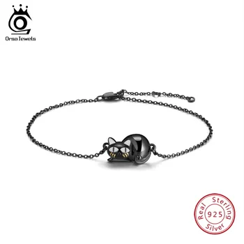 

ORSA JEWELS Real 925 Sterling Silver Women Bracelets Black Gun Plated White Enamel Cat Animal Bracelet Silver 925Jewelry OSB31