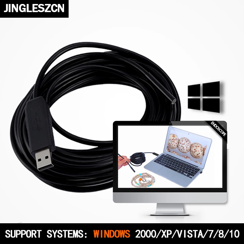 JINGLESZCN USB Endoscope Cam 5.5MM Lens 2M Hard Cable Waterproof IPX67 Mini Camera Borescope Inspection Snake Video Night Vision