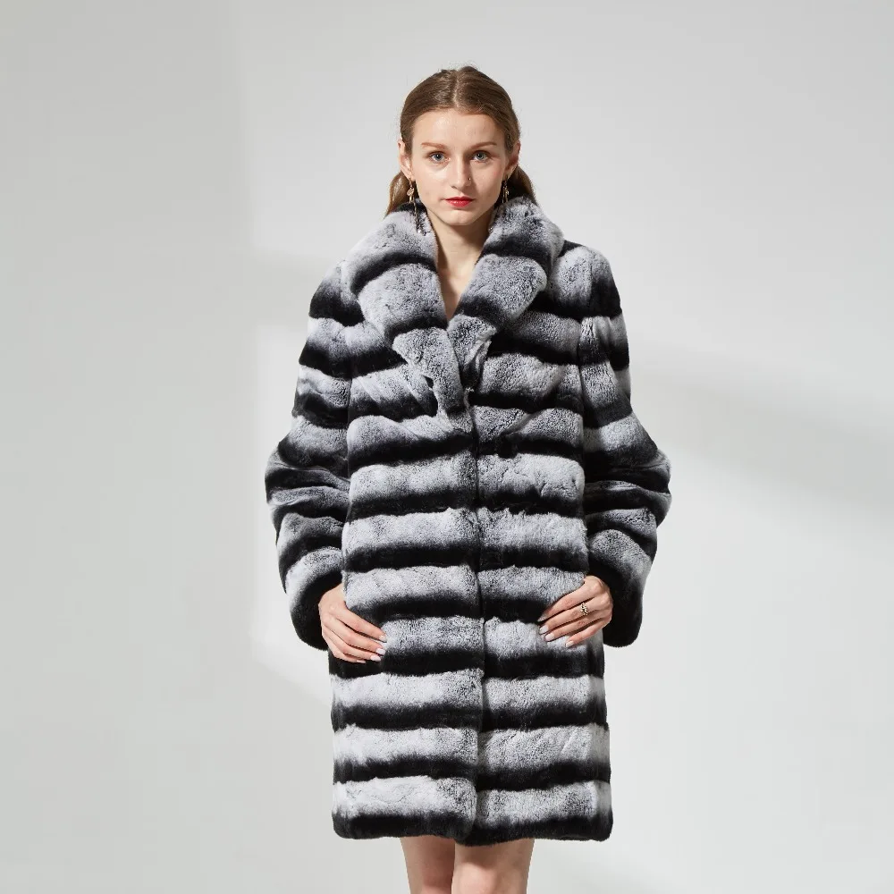 

Chinchilla fur coat real rabbit fur jacket long sleeve turn-down collar Thick Rabbit Fur Overcoat Clothing for women