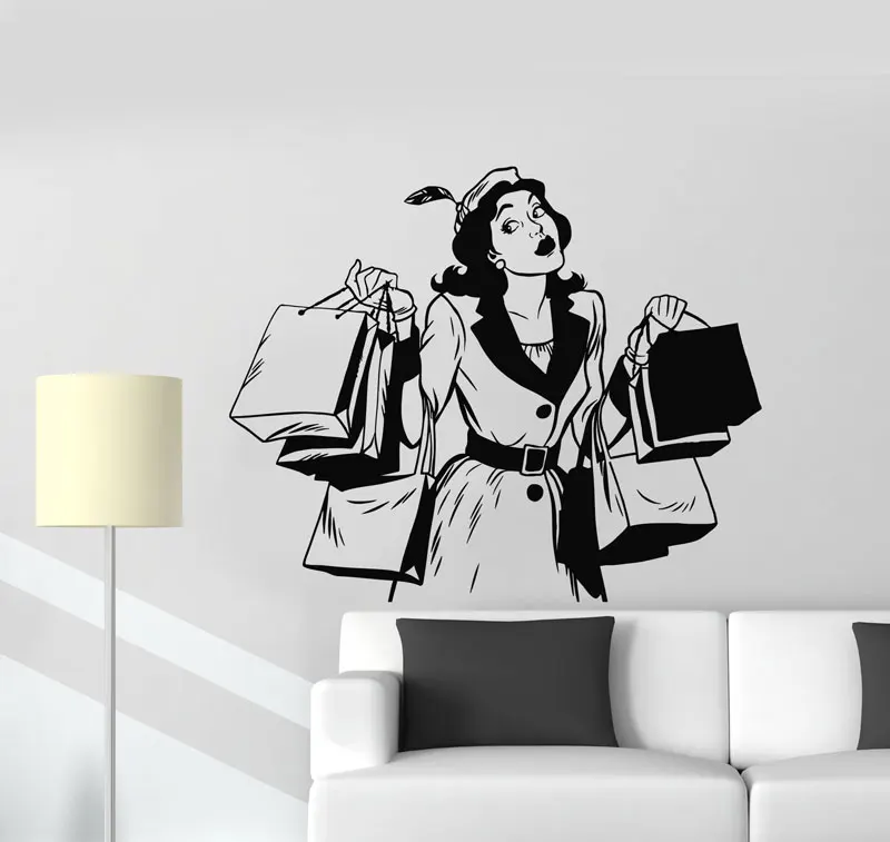 

Vinyl wall applique retro girl shopping elegant woman fashion style sticker, clothing store mall decoration wall sticker NH08