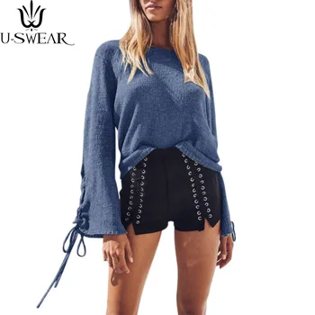 

Fashion Women Knitted Sweaters Flare Sleeve Bandage Autumn Winter Round Neck Long Sleeves Tied Bow Knit Pullovers Female 2020