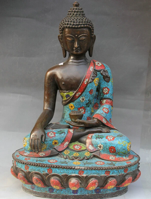 

Collectible bronze S2140 19" Tibet Buddhism Cloisonne Bronze Seat Shakyamuni Amitabha Buddha Bowl Statue