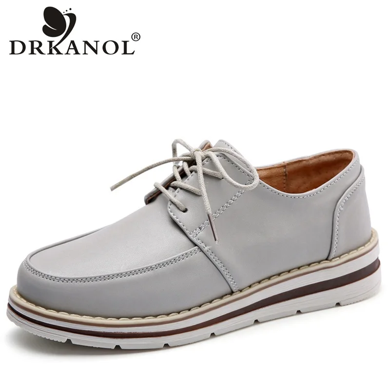 Noir Cuir Pu Oxford Pour marron Automne Printemps blanc Femmes Drkanol H1868 Rond Richelieu Bateau gris Bout Femme En Appartements Chaussures Plat TpS0qw