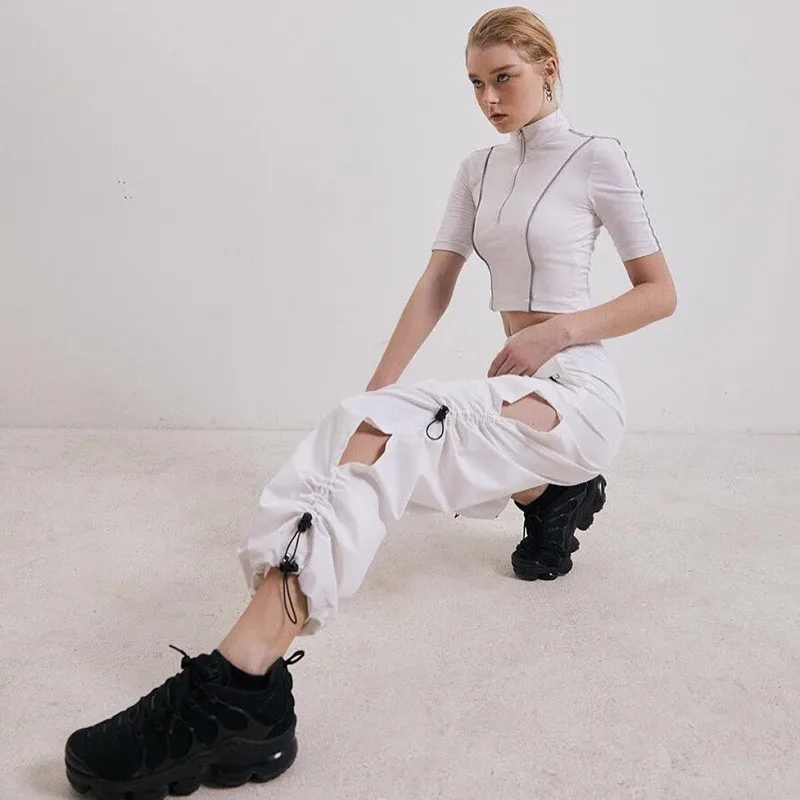 

Solid Hollow Out Shirred Sport Trousers Women Hip Hop Casual High Waist Jogger Pants Ladies Elastic Waist Harem Pants cwp0074-5