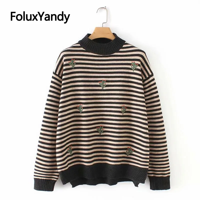 Striped Turtleneck Sweater Women Pullovers Embroidery Casual Loose Long Sleeve Knitted Sweaters Plus Size KKFY3021