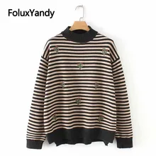 Striped Turtleneck Sweater Women Pullovers Embroidery Casual Loose Long Sleeve Knitted Sweaters Plus Size KKFY3021 Striped Turtleneck Sweater Women Pullovers Embroidery Casual Loose Long Sleeve Knitted Sweaters Plus Size KKFY3021