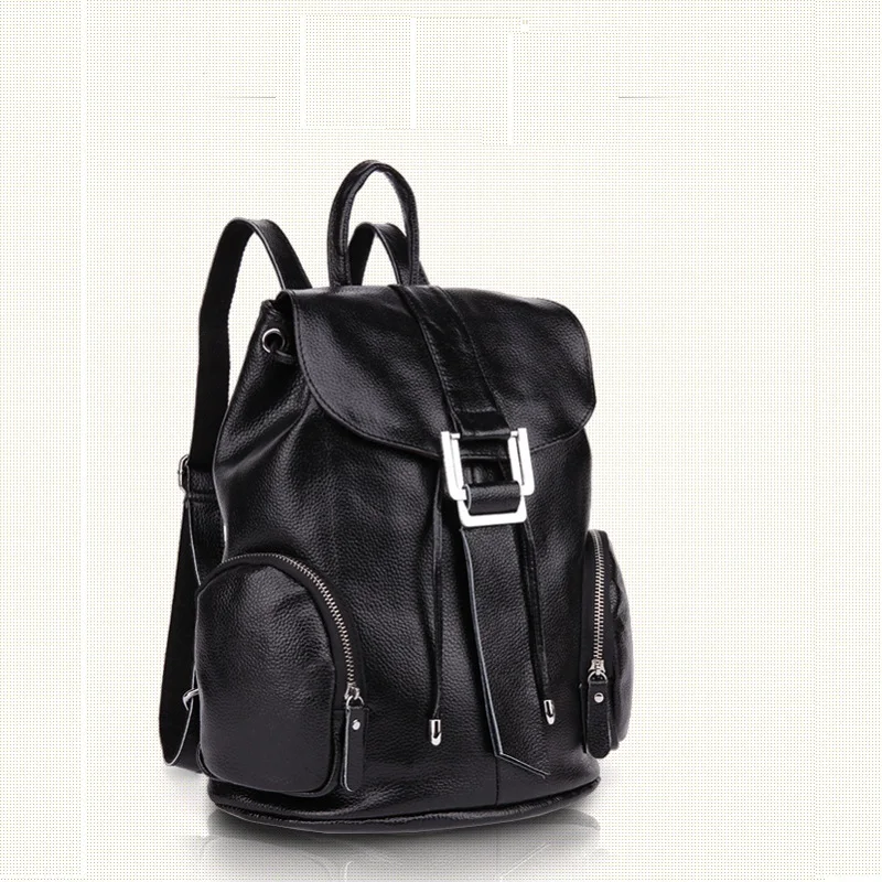 

Caker Women Large Big Drawstring Genuine Leather Backpack Preppy Style Blue 3D Pocket Backpacks School Travel Bag