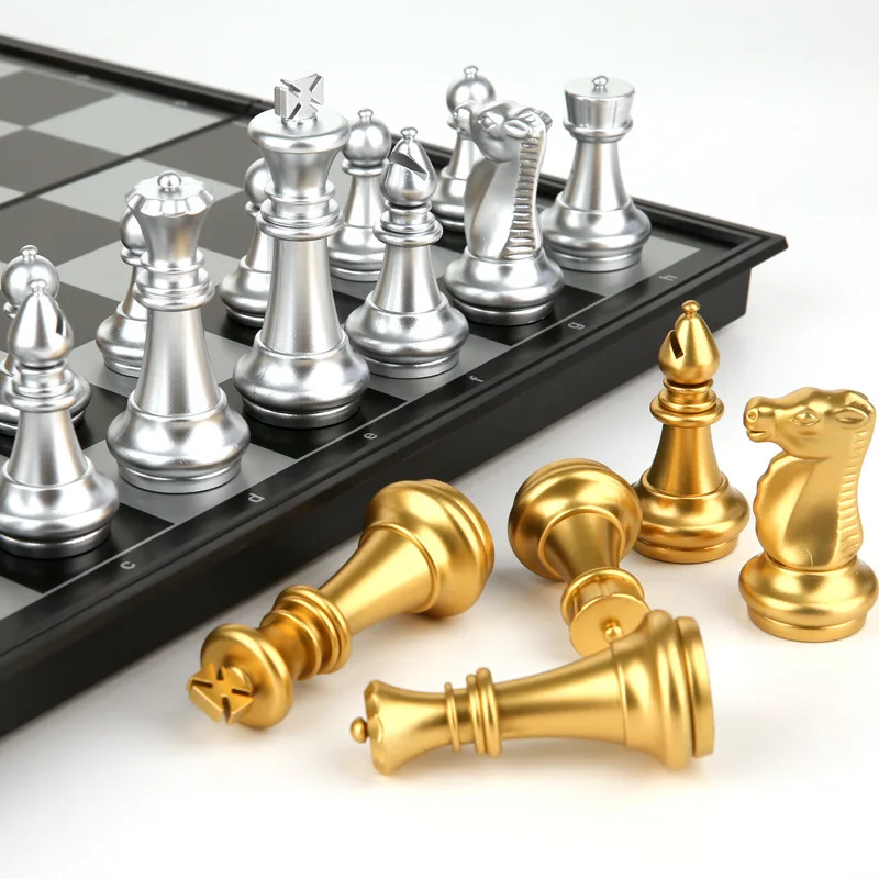 Super Big Home International Chess Set Magnetic Foldable Board With Golden Silver 32 Chess Pieces 36x36x2/32x32x2cm