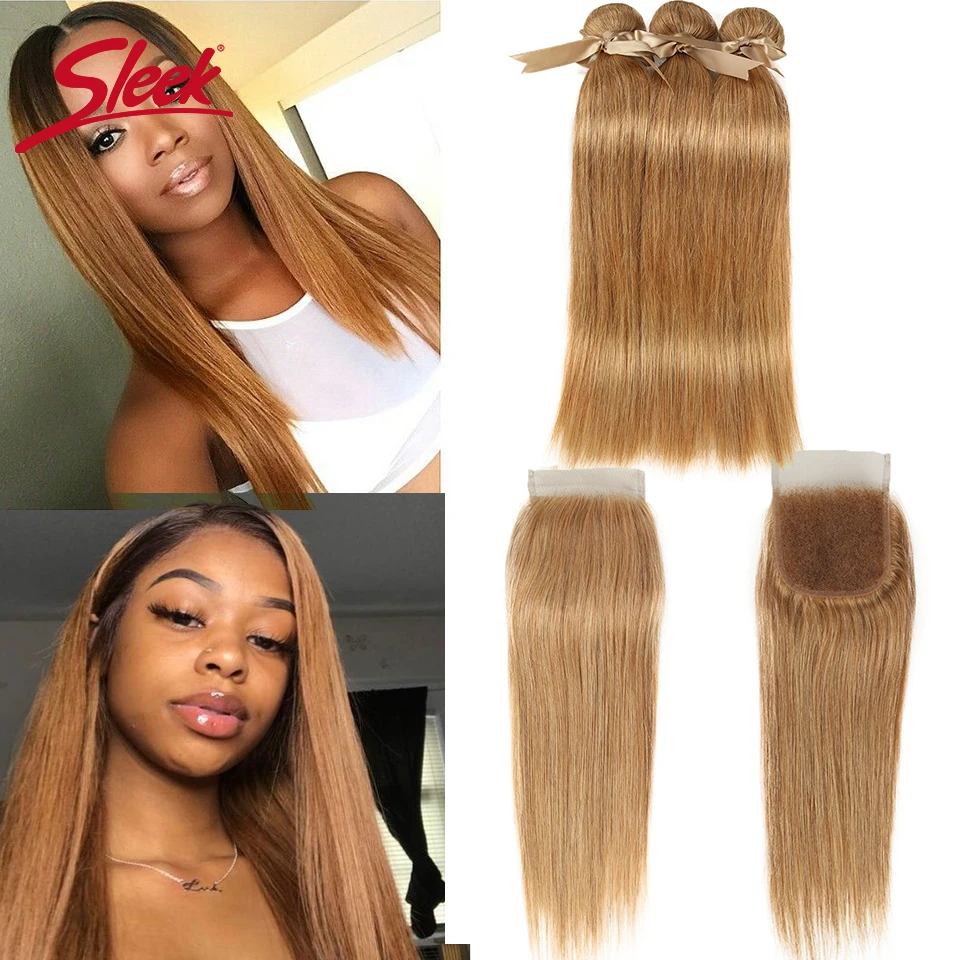 

Sleek Hair 27/30 Mixed Color Bundles With Closure Straight Bundles Brazilian Hair Weave Bundles Hair Extension Remy Human Hair