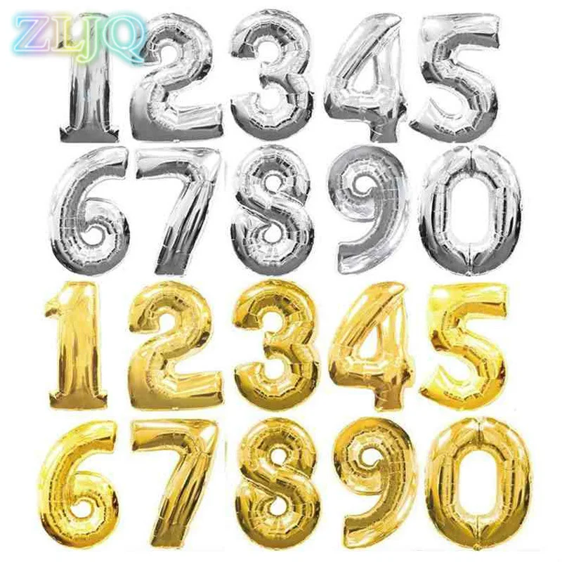 ZLJQ 32 Inch Gold/Silver Number Balloon Digit Foil Helium Balloons Hen Birthday Wedding Party Decor Celebration Air 5D | Дом и сад