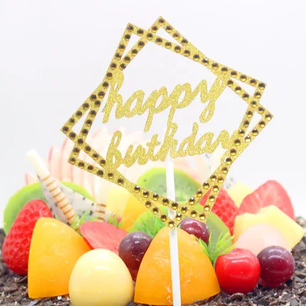 

1pc Shiny Crystal Cake Toppers Happy Birthday Geometric Square Gold Silver Paper Board Cake Flag Birthday Party Cake Decor