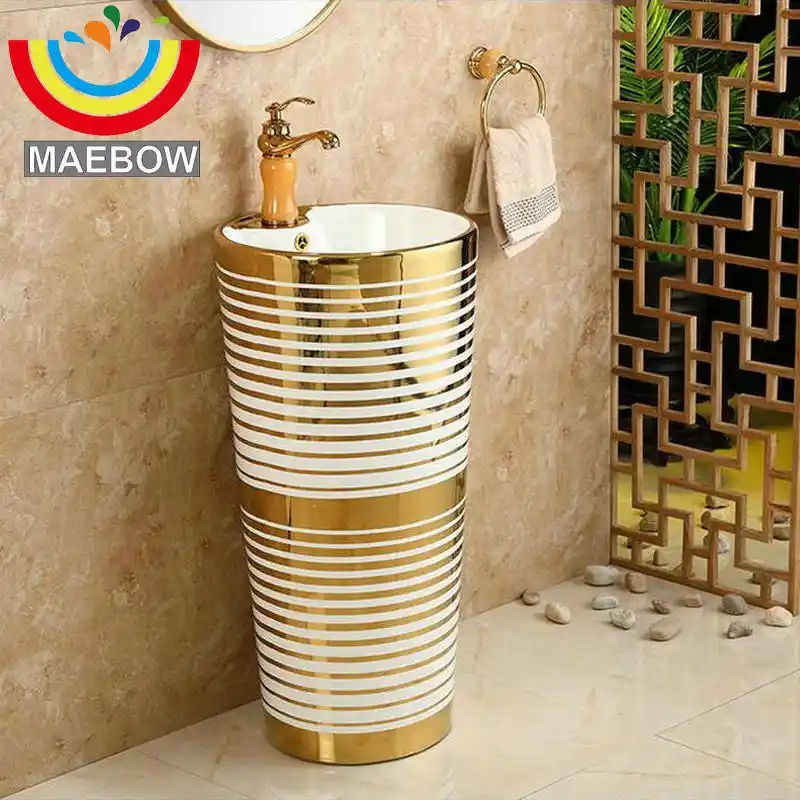 Mosaic Gold Stylish Round Pedestal Sink Ceramic Bathroom Sink With