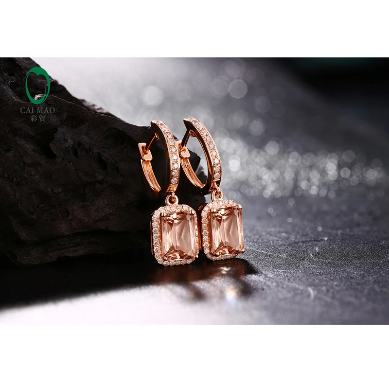 Caimao 2.77ct Morganite Diamond Drop Dangle Earrings Real 14kt Rose Gold