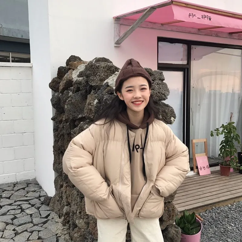 

Autumn winter fashion commuter cotton coat solid color casual Simple loose large pockets thick bread warm cotton jacket Female