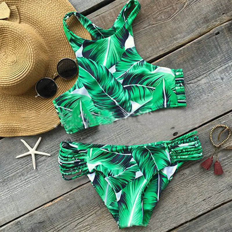 

Sexy Womens Summer Halter Bandage Leaves Print Bikini Set 2PCS Swimsuit Push Up Padded Swimwear Beachwear Bathing Suit Monokini