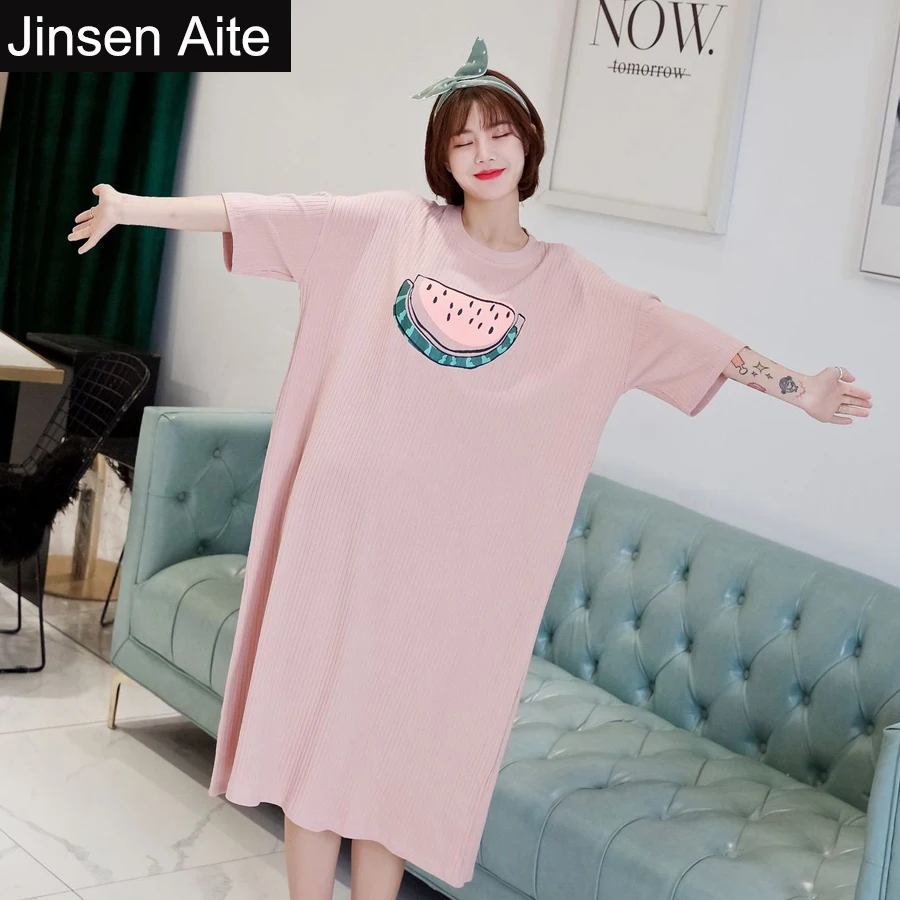 

Jinsen Aite Large Size Cotton Women's Nightgowns 2019 Summer Short Sleeve Casual Loose Cartoon Female Sleepwear Nightdress JS786