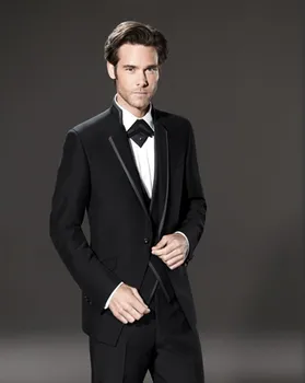 

Fantastic Black Men Suits 2017 Tough Guy Style Stand Collar Groomsmen Best Man Weding Tuxedos Men Suits (Jacket+Pants+Vest)