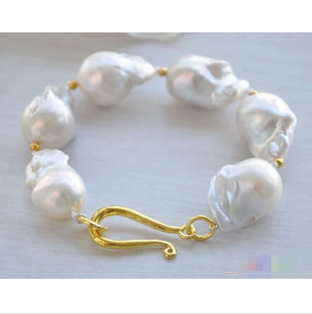 

Free shipping >>>>>>P4164 REAL 8" 19mm WHITE BAROQUE KESHI REBORN PEARL BRACELET