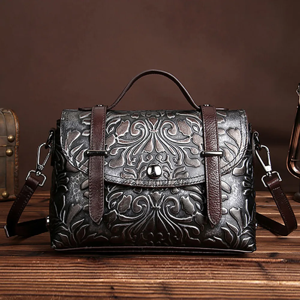 Women Vintage Embossed Handbag Genuine Leather Messenger Bags High