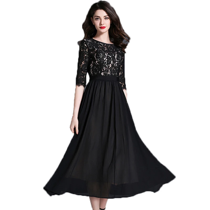 

Summer Chiffon Maxi Dress Women Half Sleeve Slim O-neck Lace Patchwork Long Evening Party Dresses 2017 Vintage Black Vestidos