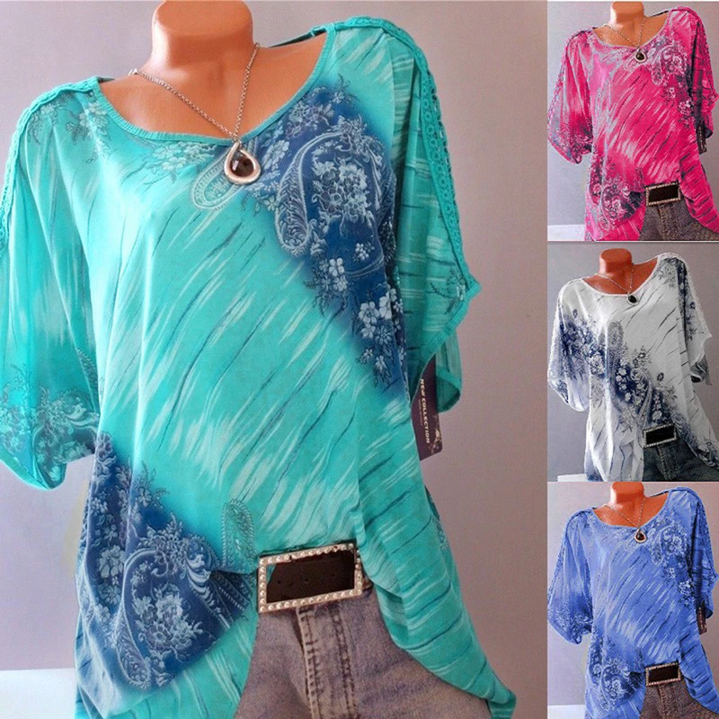 

Summer large size women's summer short-sleeved round neck floral loose top casual lace fashion shirt shirt blouse -53