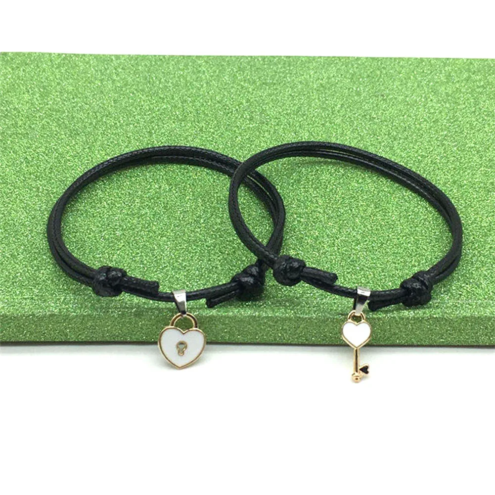 2Pcs/Lot Key Heart Lock Charm Bracelets For Woman Men Fashion Simple Wristband Jewelry Rope Chain Couple Bracelet Pulseras Gifts - Окраска металла: white