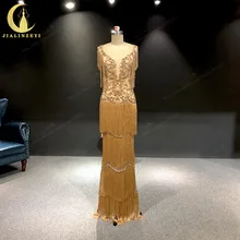 JIALINZEYI Настоящее Изображение Роскошный Золотой Кристалл сексуальный V шеи кисточкой Русалочка платья для торжеств вечернее платье