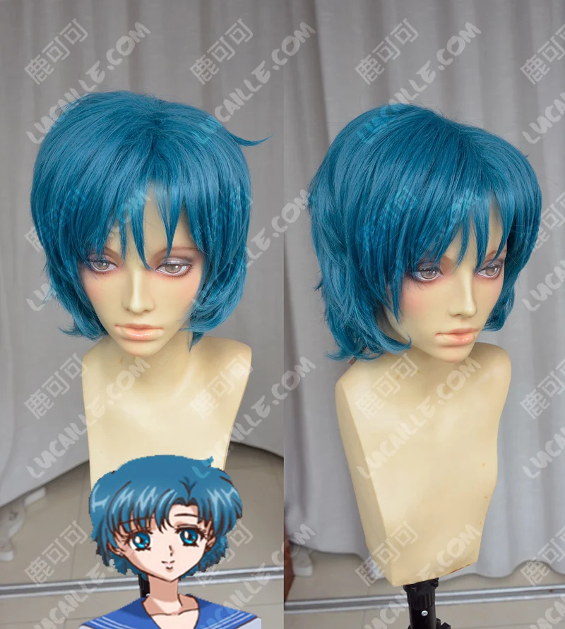 

Anime Sailor Moon Mizuno Ami Blue Short Wig Cosplay Sailor Mercury Role Play Halloween Costume Wigs + Wig cap
