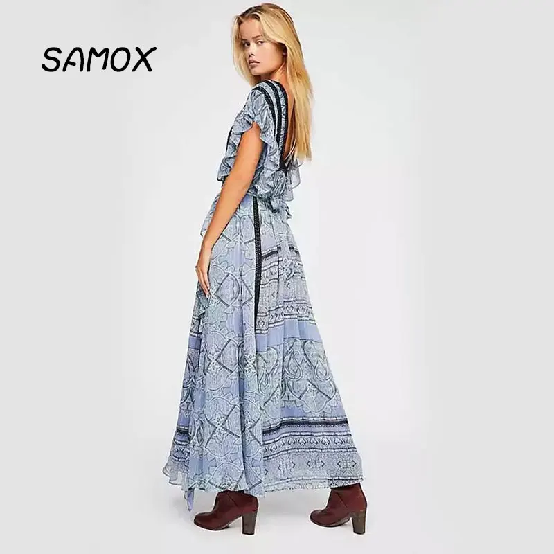 JSMY 2019 New Summer Beach Dress Fashion Women V-neck Backless Ruffle Lace Chiffon Printing Dress