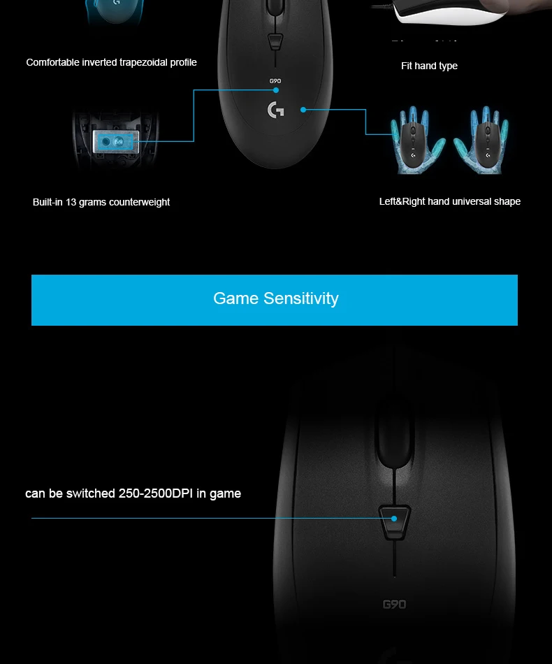 Проводная игровая мышь logitech G90 250-2500 dpi для ноутбука, ПК, геймера, Delta Zero, компьютерная мышь, мыши