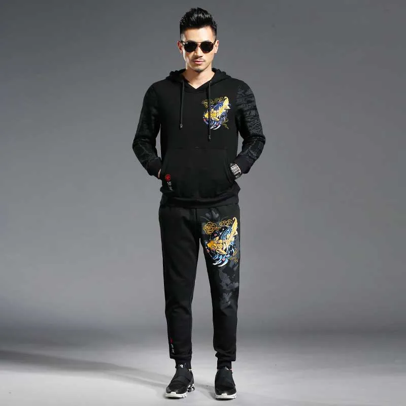 Embroidery Fish Two Piece Tracksuit Men Hooded Sweatshirt Pants Sets Pullover Hip Hop Hoodies with Joggers Pants Black Trousers Embroidery Fish Two Piece Tracksuit Men Hooded Sweatshirt Pants Sets Pullover Hip Hop Hoodies with Joggers Pants Black Trousers