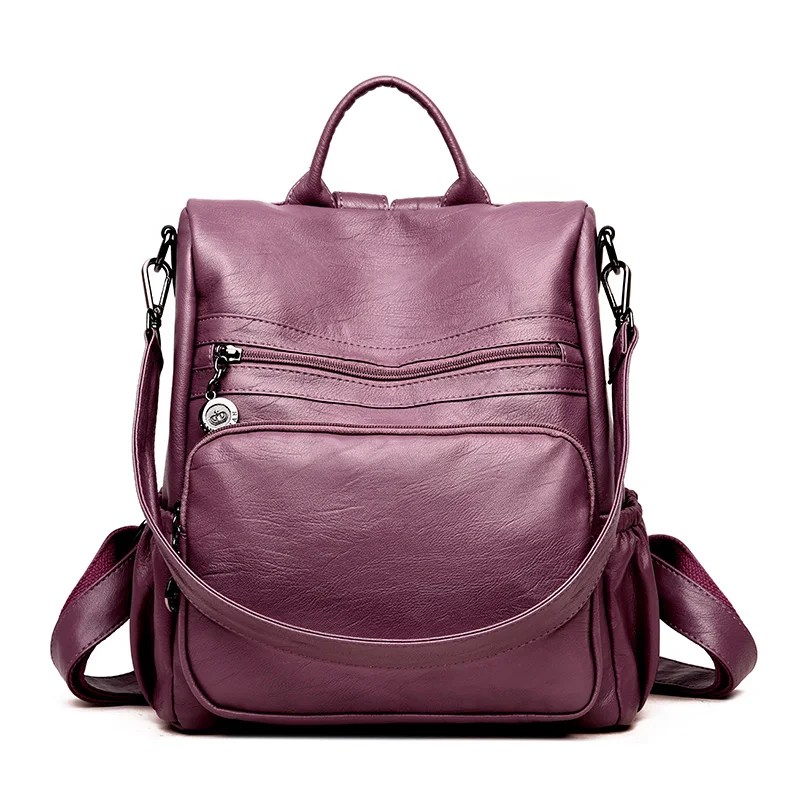 Повседневный женский рюкзак с защитой от кражи, кожаный рюкзак, Женский Большой Вместительный рюкзак, дизайнерская школьная сумка, простые сумки на плечо - Цвет: Purple
