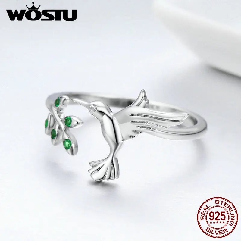 WOSTU Аутентичные 925 пробы серебро колибри и листья Открытое кольцо для Для женщин