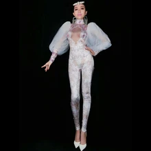 Кружевные рукава, стразы, комбинезон, сексуальные женские леггинсы, цельный сценический костюм, наряд для ночного клуба, стразы, боди