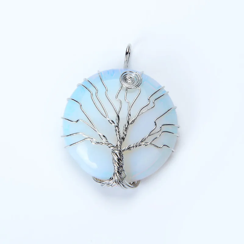 Placcato Argento Rotonda In Pietra Naturale Occhio Di Tigre Di Cristallo Bianco Albero Della Vita Wire Wraped Avvolgimento Pendenti Con Gemme E Perle 
