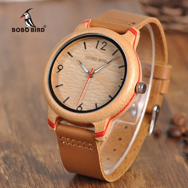 BOBO BIRD Leather Band Watches Bamboo Quartz Wristwatches Timepieces for Men and Women in Gift Box K-aQ22