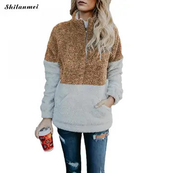 

Knitted Patchwork Women Sweater Pullover Zipper Turtleneck Winter Thick Causal Sweater Female Pocket Baggy Fleece Coat Sweater