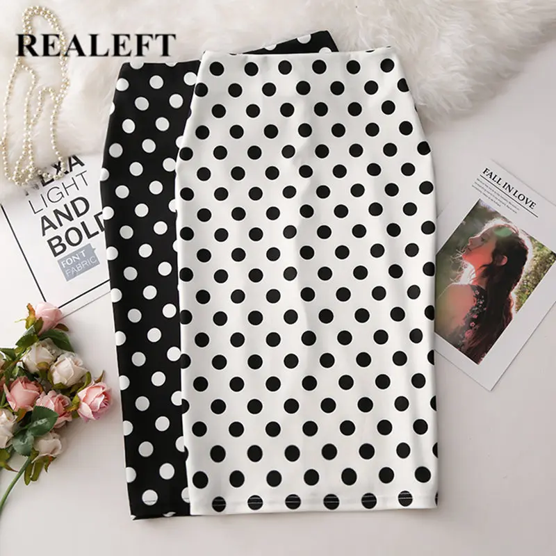 

REALEFT Women Polka Dots Printed Pencil Wrap Skirts New Arrival High Waist Knee-Length Bodycon Sheath Midi Skirts Office Ladies