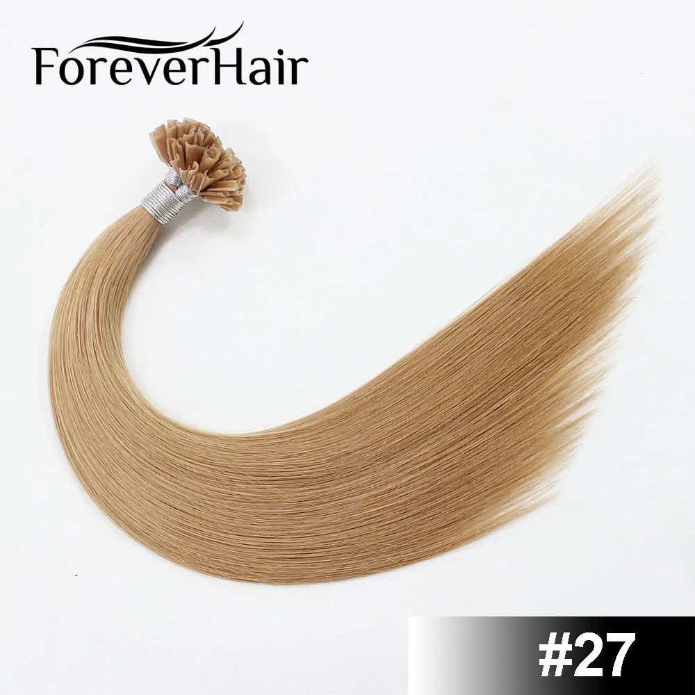 FOREVER HAIR 0,8 г/локон 1" Remy Nail U Tip Prebond Кератин клей человеческие волосы для наращивания темно-коричневый#2 50 прядей прямой Fusion - Цвет: #27