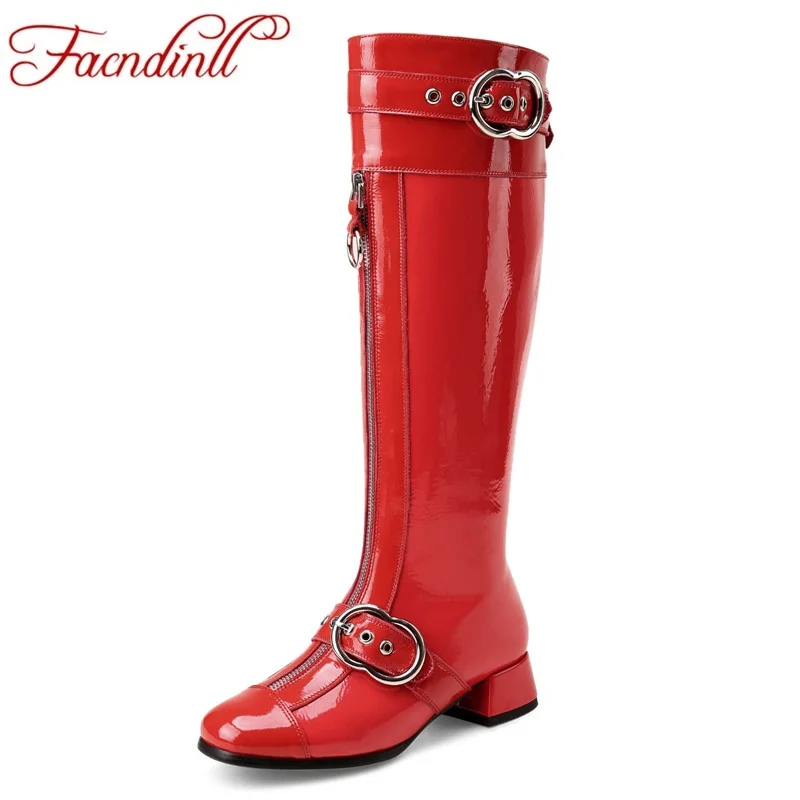 

FACNDINLL brand shoes woman autumn winter boots black red sexy high heels square toe women shoes patent leather knee high boots