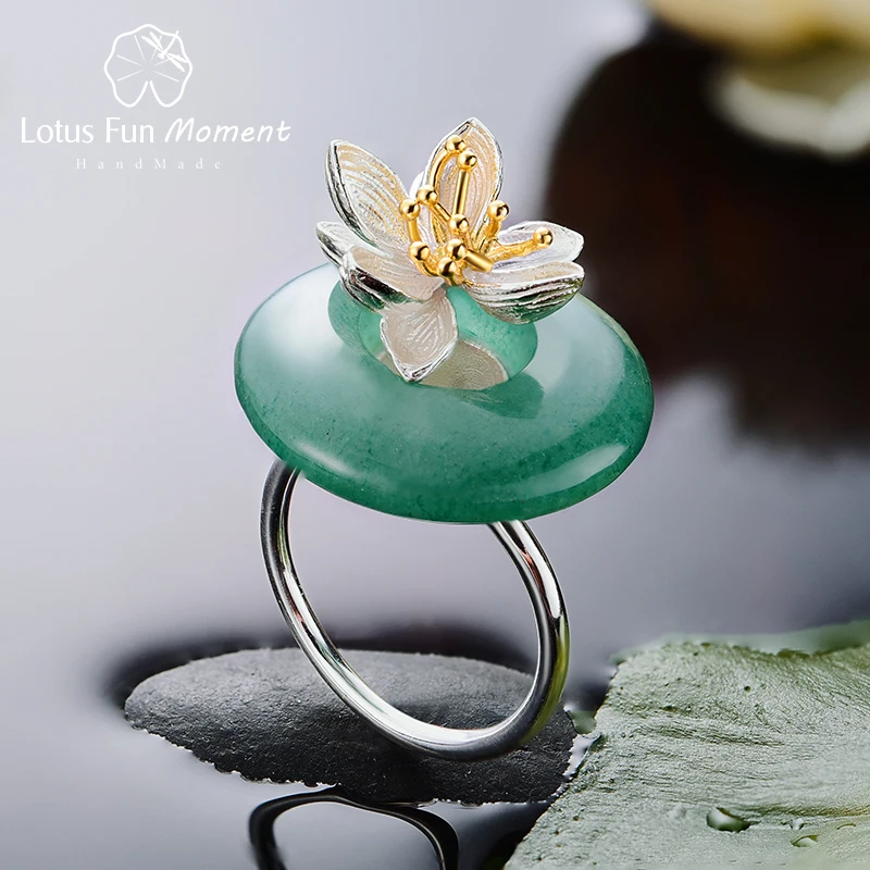 Lotus Fun Moment реальные 925 серебро натуральный зеленый камень кольца творческий