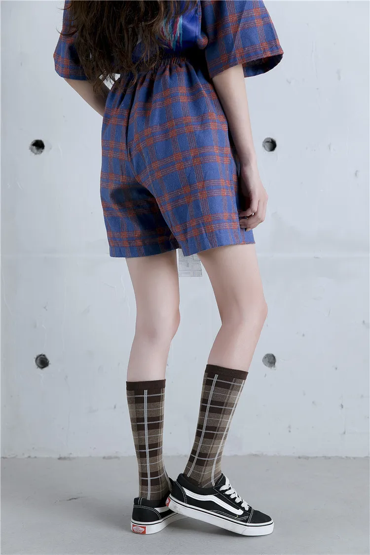 PEONFLY/1 пара модных женских длинных носков для девочек; носки до середины икры в винтажном стиле с клетчатым узором в стиле Харадзюку