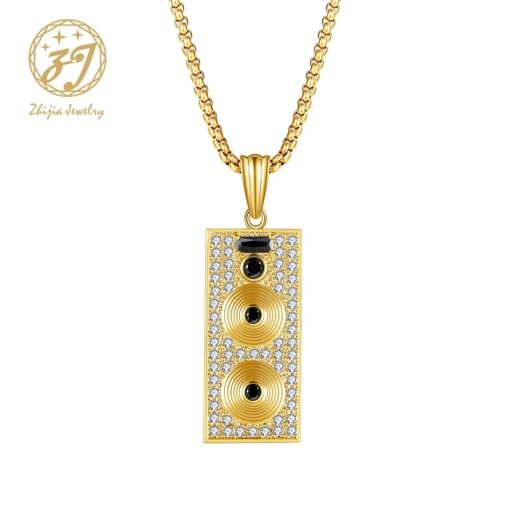 

Zhijia New Design Style Luxury Unisex Golden Crystal Rhinestone Recorder Pendant Necklace Vintage Gifts Wedding Jewelry