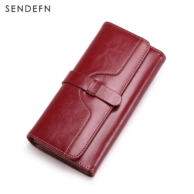 Sendefn vintage women wallets split leather long trifold purse wallet ...