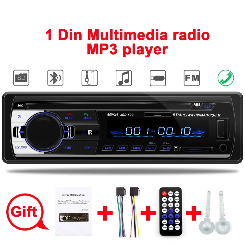 

Car Radio miniJSD520 12V Bluetooth Car Stereo In-dash 1 Din FM Aux Input Support Mp3/MP4 USB MMC WMA AUX IN TF Car Radio Player