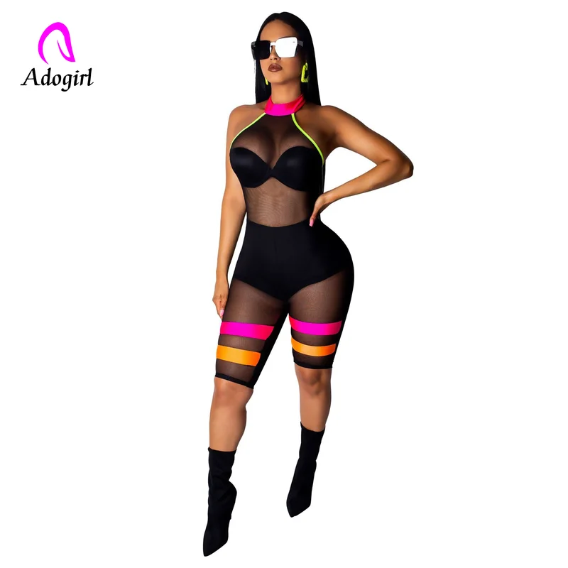 

Fitness Black Bodycon Sexy Jumpsuit Short for Women Halter Neck Rompers Womens Jumpsuit Streetwear Candy Color Stripe Playsuit