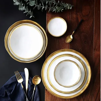 

European Style Ceramic Gold Plate Retro Porcelain Tableware Set Matte Steak Dessert Tray Kitchen Dinner Plate Dish Large Bowl