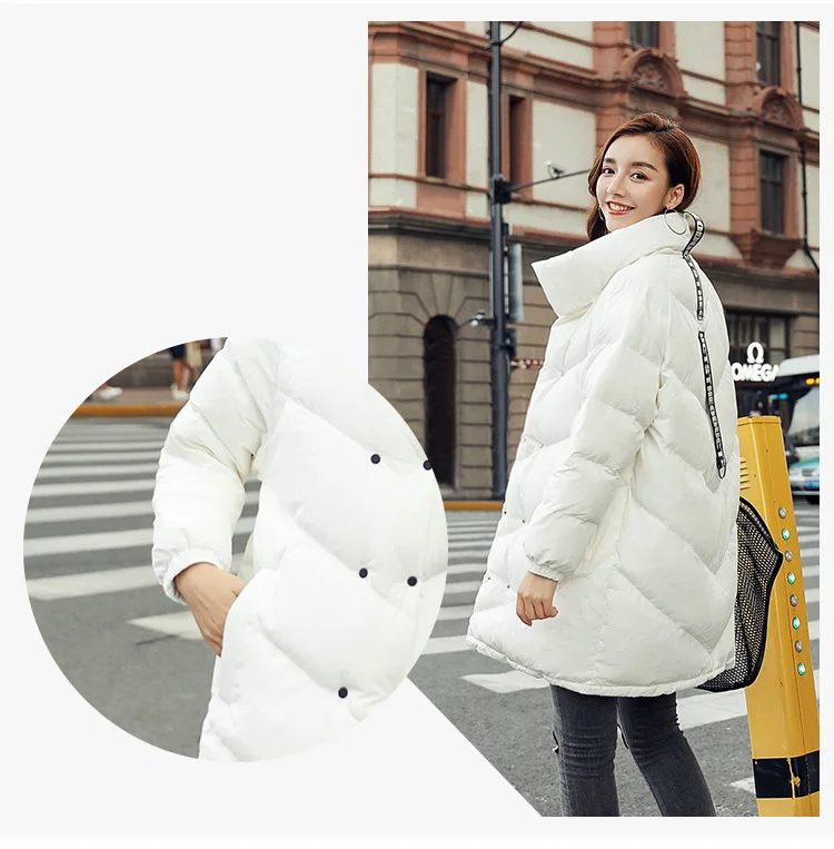 Schinteon/ корейский пуховик со стоячим воротником; теплая зимняя верхняя одежда; свободная одежда; модное двубортное пальто