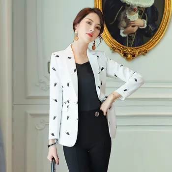 

Women Elegant OL Office Business Jackets Single Button White Print Short Blazer Long Sleeve Plus Size Blazer Suit